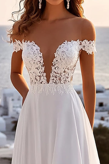 A Line lvory Robe de mariée longue plissée à épaules dénudées